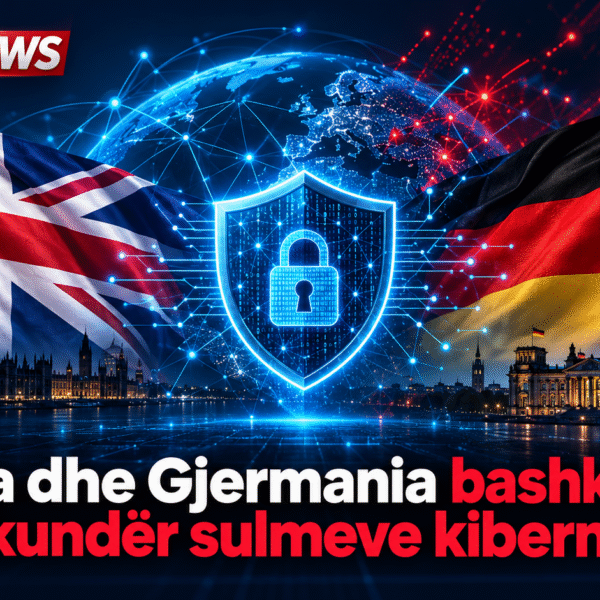 Ilustrim: flamujt e Britanisë dhe Gjermanisë me një mburojë kibernetike, logo Zëri News dhe titulli i lajmit.